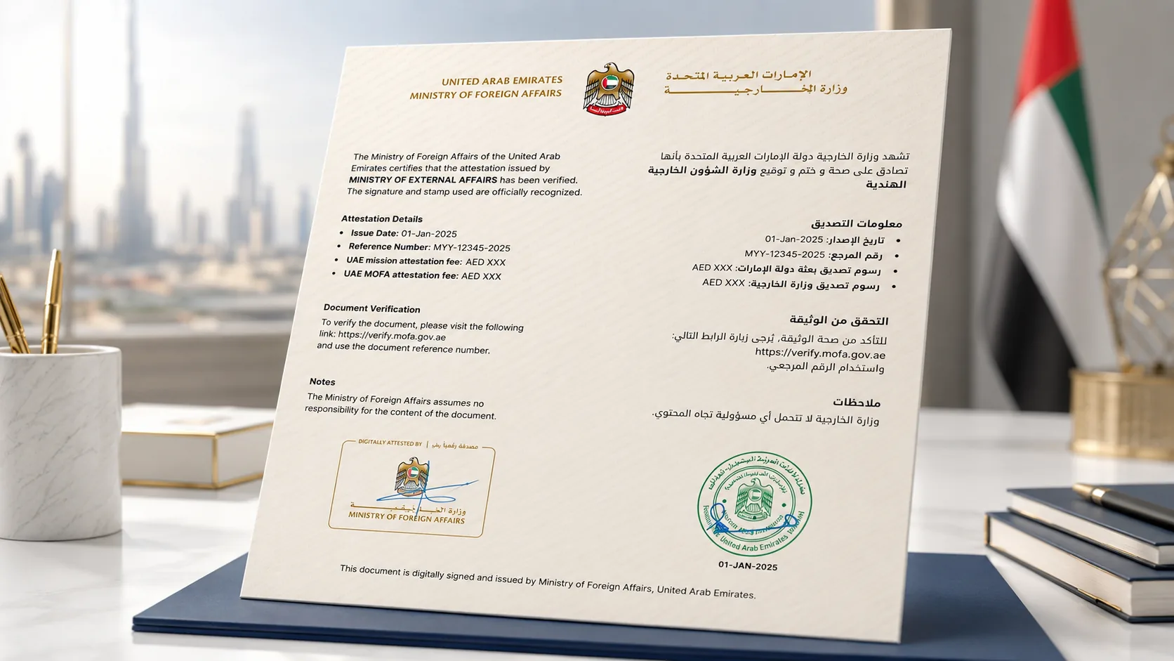 Official UAE Ministry of Foreign Affairs attestation certificate sample
